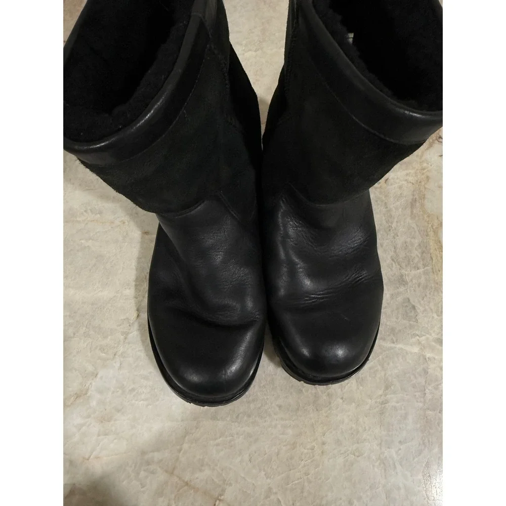 UGG Beacon Leather Shearling Boots Black Waterproof Lug Sole Size 9